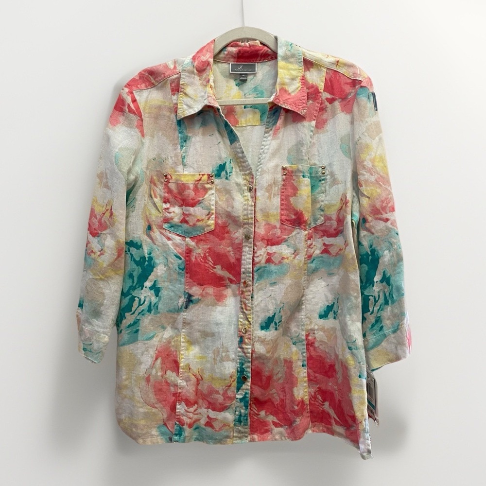 JM Collection 100% Linen Tunic Top Teal Coral Floral Shirt Blouse 16 Boho